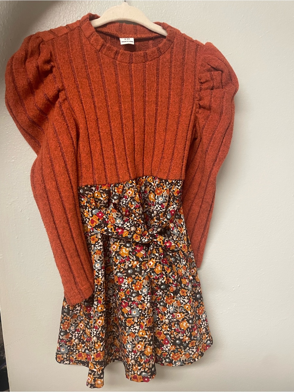SHEIN Rust Knit Top with Floral Skirt Girls Dress